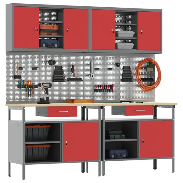 vidaXL Set radnog stola s policom 8 pcs Crvena 200 x 55 x 200 cm Čelik