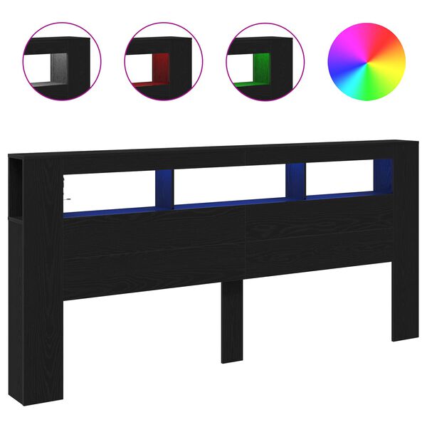 vidaXL LED glava kreveta s policom Crni hrast 220 x 18,5 x 103,5 cm