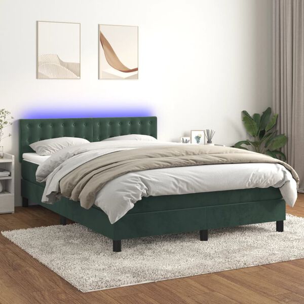 vidaXL Krevet box spring s madracem LED tamnozeleni 140x190 cm bar&scaron;un