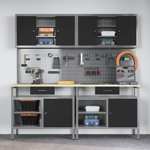 vidaXL Set radnog stola s ladicama 8 pcs Crna 200 x 55 x 200 cm Čelik