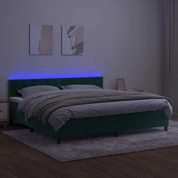 vidaXL Krevet box spring s madracem LED tamnozeleni 200x200 cm bar&scaron;un