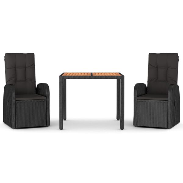 vidaXL 3-dijelni vrtni blagovaonski set s jastucima od poliratana crni