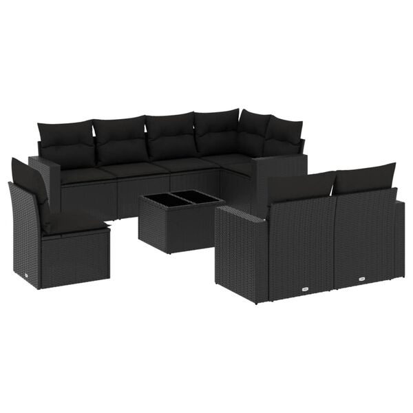 vidaXL 9-dijelni set vrtnih sofa s jastucima crni od poliratana