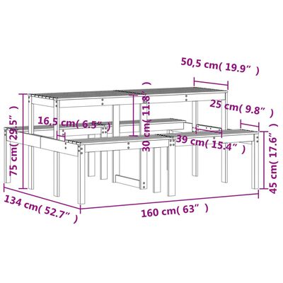 vidaXL Stol za piknik 160 x 134 x 75 cm od masivne borovine