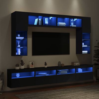 vidaXL 8-dijelni set zidnih TV ormarića s LED svjetlima crni