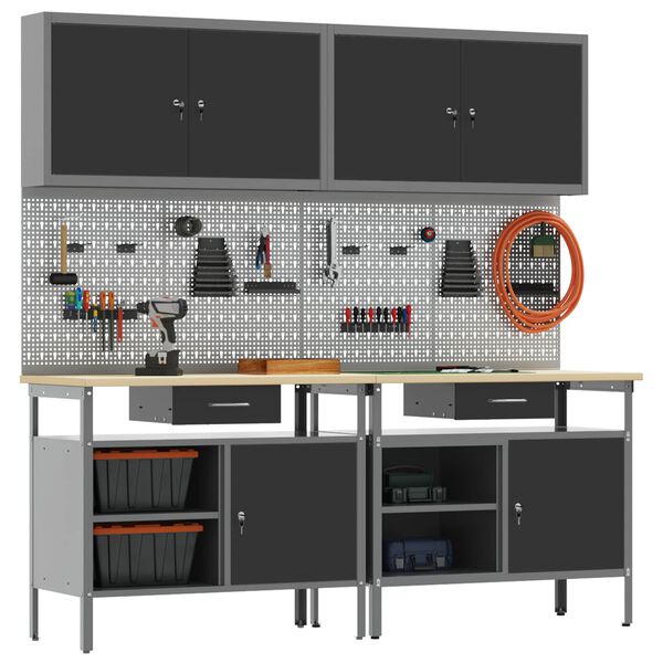 vidaXL Set radnog stola s ladicama 8 pcs Crna Čelik s prahom premazan