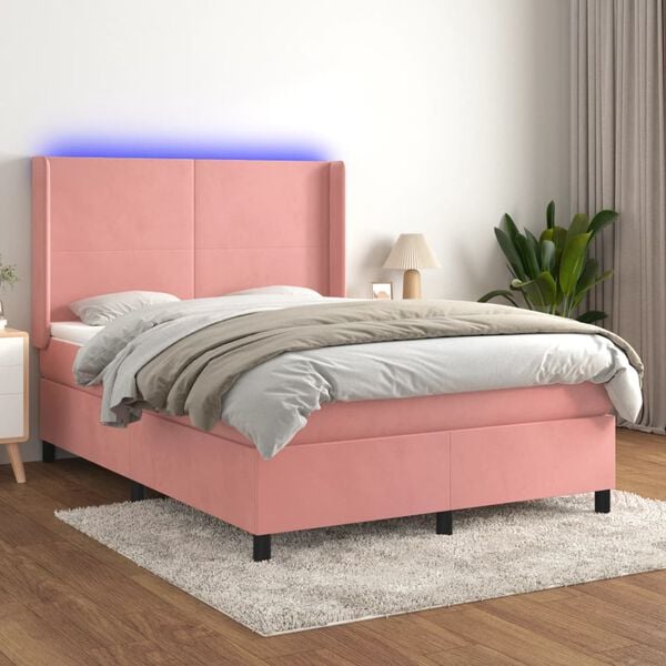 vidaXL Krevet box spring s madracem LED ružičasti 140x190cm bar&scaron;unasti