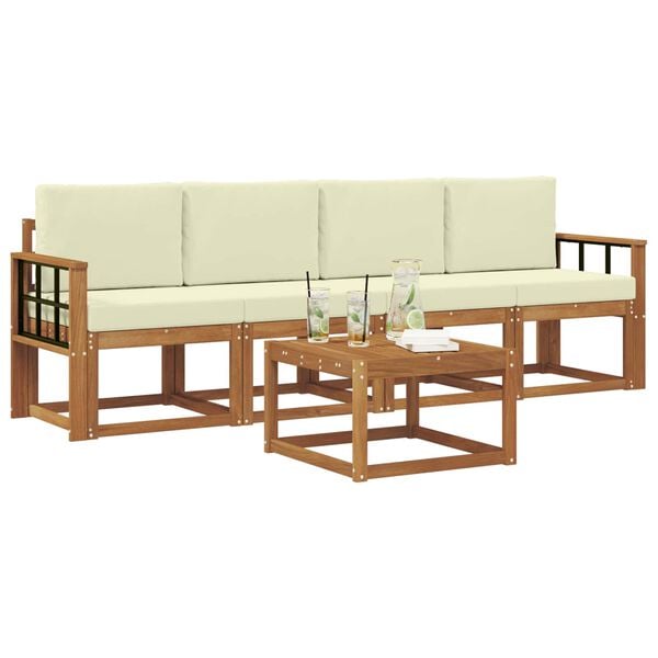 vidaXL Set vanjskih sofa 5 pcs Prirodna i krem Čvrsto drvo akacije