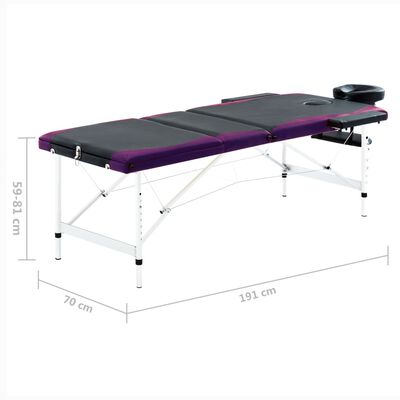vidaXL Sklopivi stol za masažu s 3 zone aluminijski crno-ljubičasti