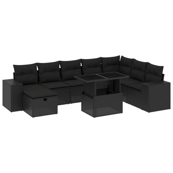 vidaXL 9-dijelni set vrtnih sofa s jastucima crni od poliratana