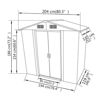 vidaXL Vrtna kućica za pohranu siva metalna 204 x 132 x 186 cm