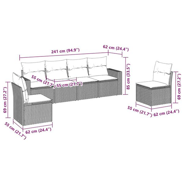 vidaXL 6-dijelni set vrtnih sofa s jastucima crni od poliratana