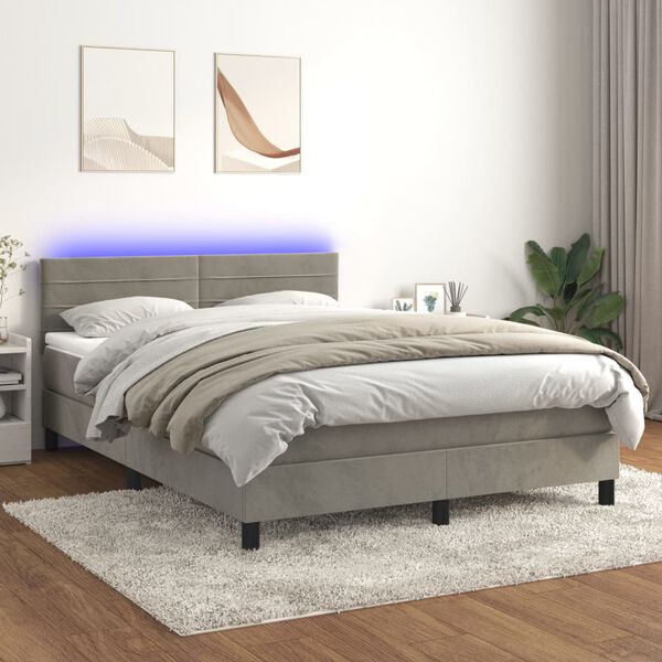 vidaXL Krevet box spring s madracem LED svjetlosivi 140x190 cm bar&scaron;un
