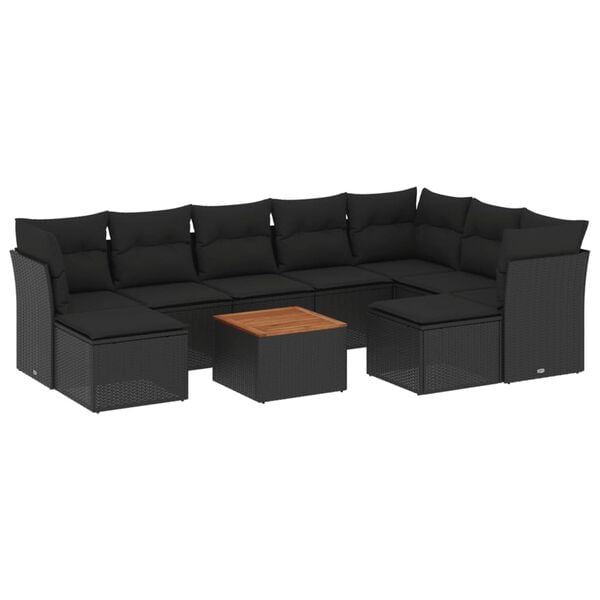 vidaXL 10-dijelni set vrtnih sofa s jastucima crni od poliratana