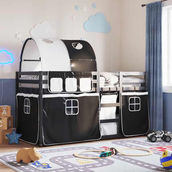 vidaXL Krevet na kat sa zavjesama bijelo-crni 90 x 200 cm od borovine