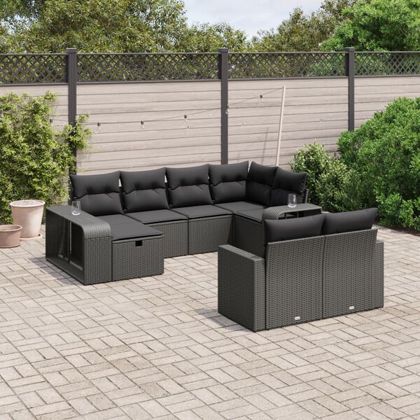 vidaXL 10-dijelni set vrtnih sofa s jastucima crni od poliratana