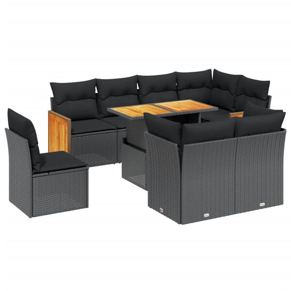 vidaXL 9-dijelni set vrtnih sofa s jastucima crni od poliratana