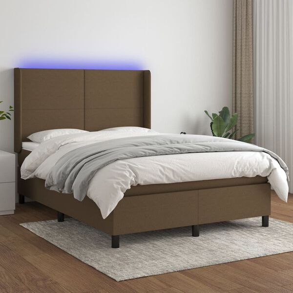 vidaXL Krevet box spring s madracem LED tamnosmeđi 140x190 cm tkanina