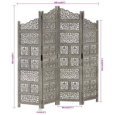 vidaXL Sobna pregrada s 4 panela siva 160 x 165 cm masivno drvo manga