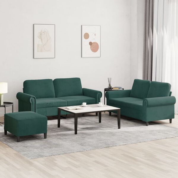 vidaXL 3-dijelni set sofa s jastucima tamnozeleni baršunasti