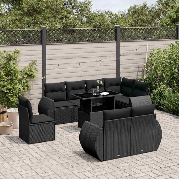 vidaXL 9-dijelni set vrtnih sofa s jastucima crni od poliratana