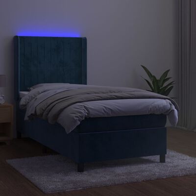 vidaXL Krevet box spring s madracem LED tamnoplavi 90x200 cm baršun