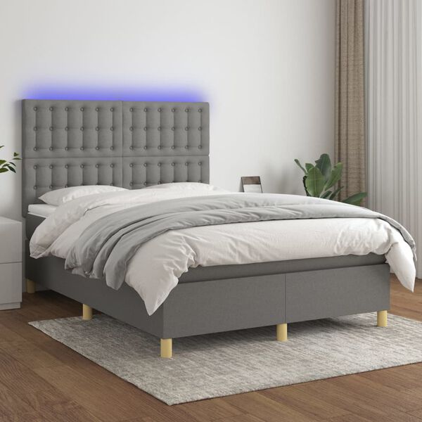 vidaXL Krevet box spring s madracem LED tamnosivi 140x200 cm tkanina