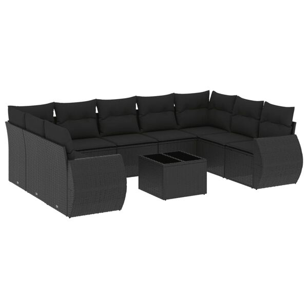 vidaXL 10-dijelni set vrtnih sofa s jastucima crni od poliratana