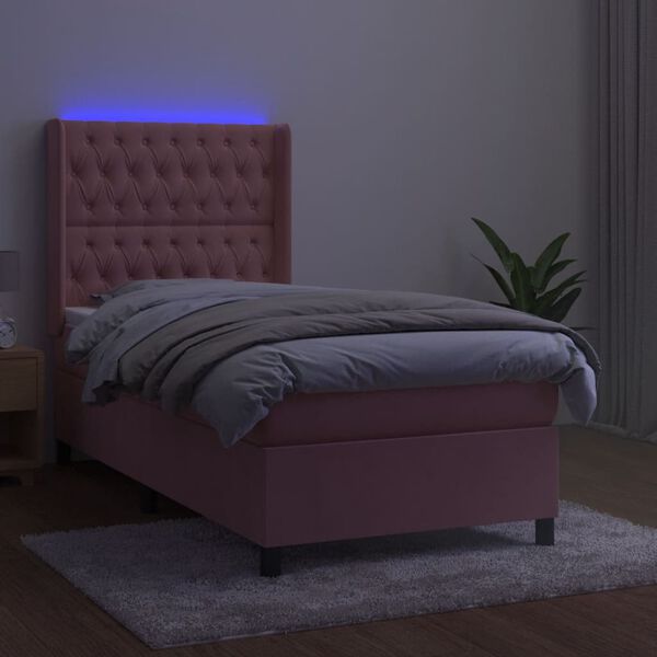 vidaXL Krevet box spring s madracem LED ružičasti 90x200 cm baršunasti