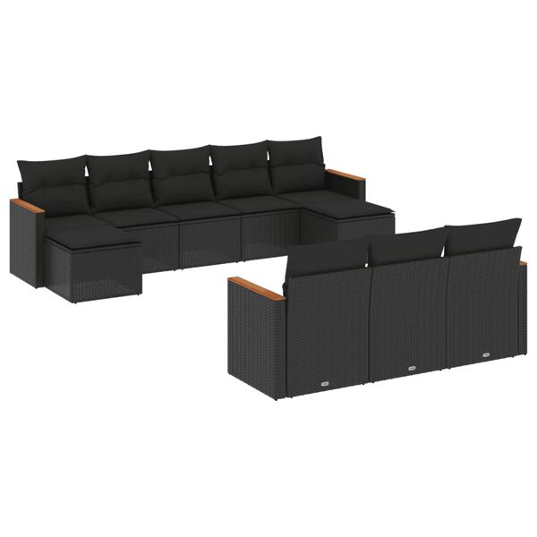 vidaXL 10-dijelni set vrtnih sofa s jastucima crni od poliratana