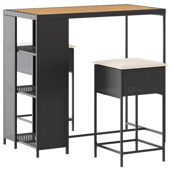 vidaXL 3-dijelni vrtni barski set od poliratana s jastucima crni