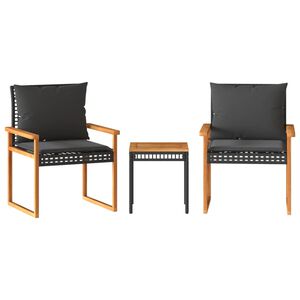vidaXL 3-dijelni bistro set s jastucima poliratan i drvo bagrema crni