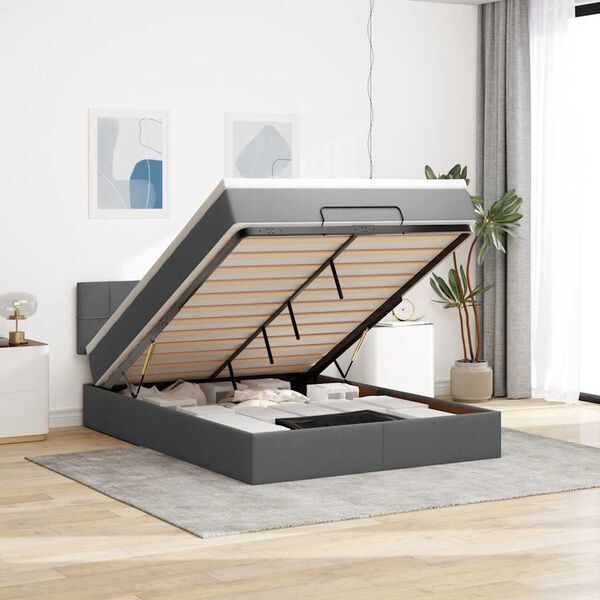 vidaXL Otomanski krevet s madracem i LED tamnosivi 140x200 cm tkanine