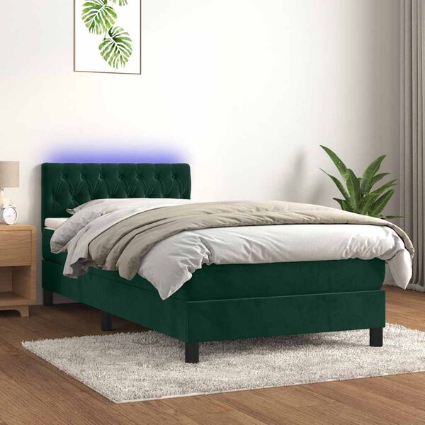 vidaXL Krevet box spring s madracem LED tamnozeleni 100x200 cm bar&scaron;un