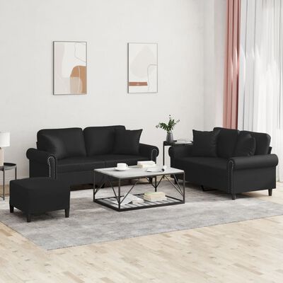 vidaXL 3-dijelni set sofa s jastucima crna od umjetne kože