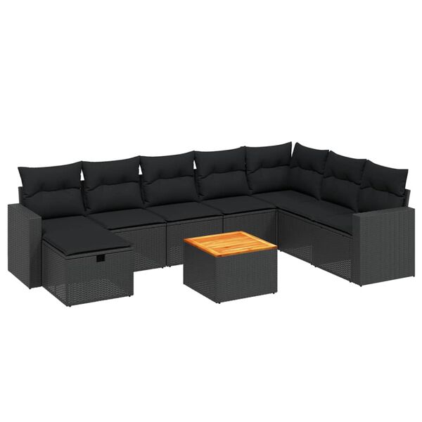 vidaXL 9-dijelni set vrtnih sofa s jastucima crni od poliratana