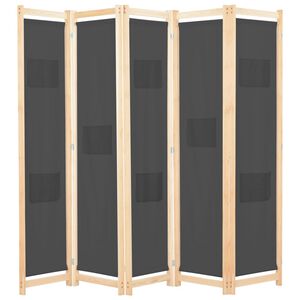 vidaXL Sobna pregrada s 5 panela od tkanine 200 x 170 x 4 cm siva