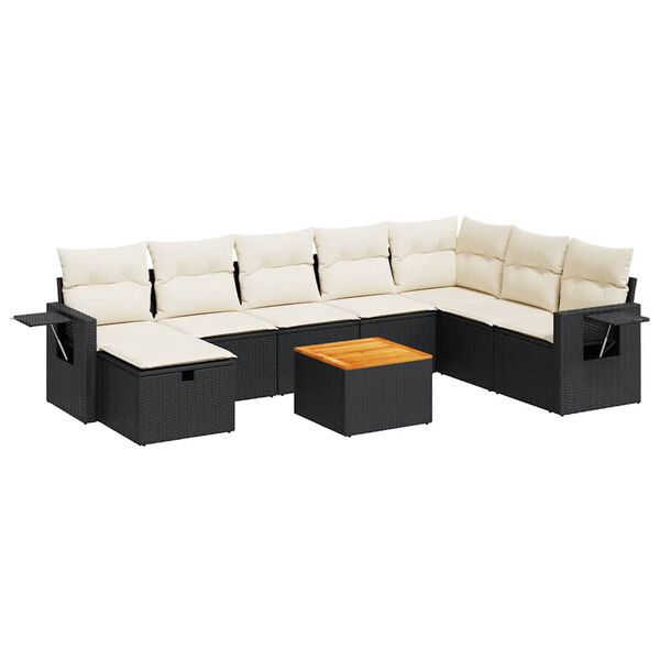 vidaXL 9-dijelni set vrtnih sofa s jastucima crni od poliratana