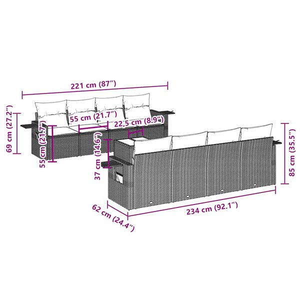 vidaXL 9-dijelni set vrtnih sofa s jastucima crni od poliratana