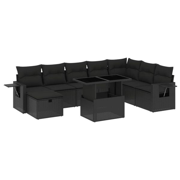 vidaXL 9-dijelni set vrtnih sofa s jastucima crni od poliratana
