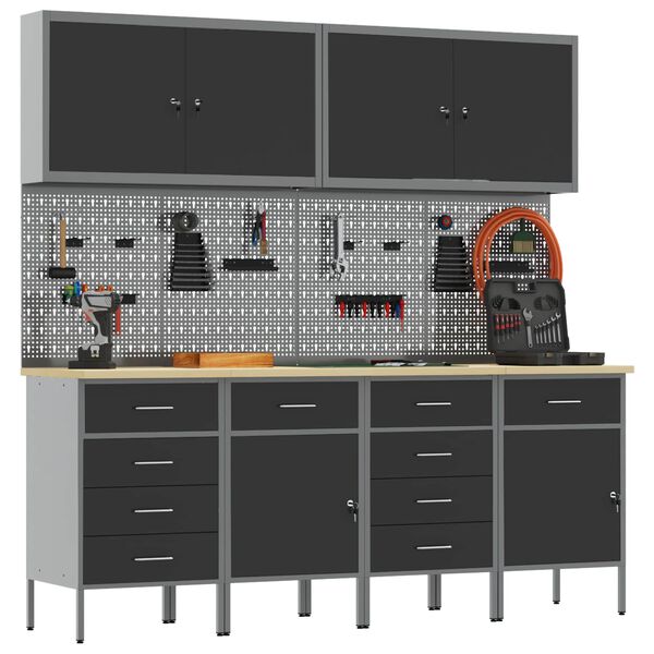 vidaXL Radni ormar s ladicama 10 pcs Crna Inženjerska drva i čelik