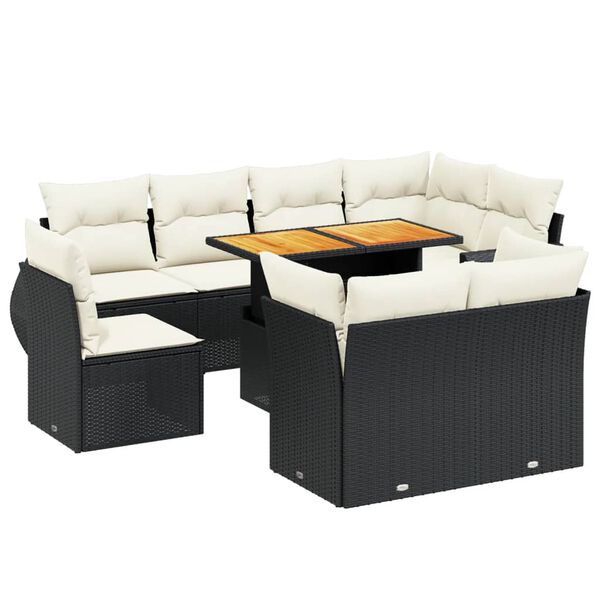 vidaXL 9-dijelni set vrtnih sofa s jastucima crni od poliratana