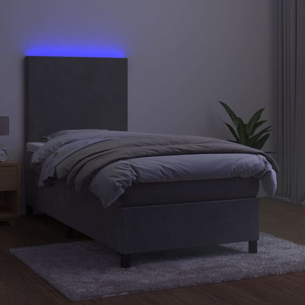 vidaXL Krevet box spring s madracem LED svjetlosivi 100x200 cm baršun