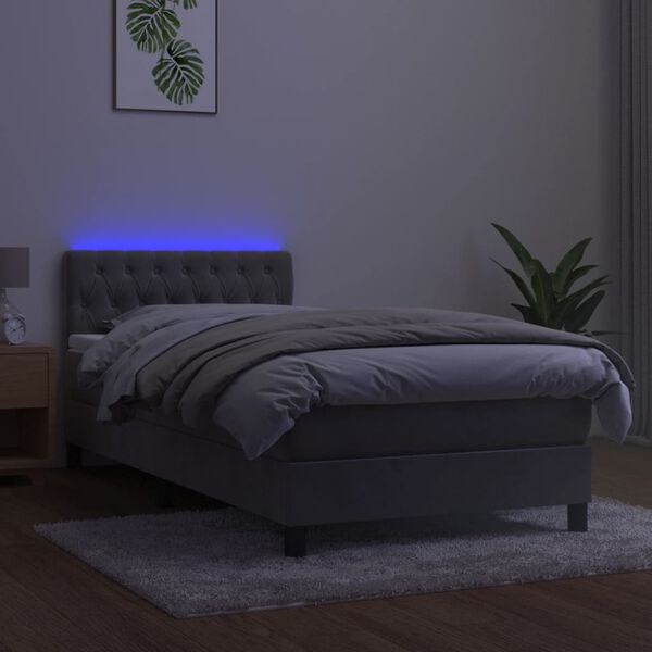vidaXL Krevet box spring s madracem LED svjetlosivi 90x200 cm bar&scaron;un