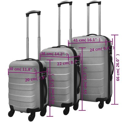 vidaXL Trodijelni set čvrstih kovčega s kotačima srebrni 45,5/55/66 cm