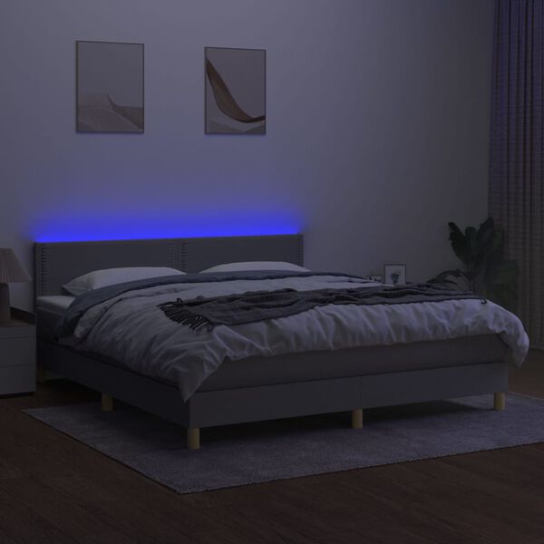vidaXL Krevet box spring s madracem LED svjetlosivi 160x200 cm tkanina