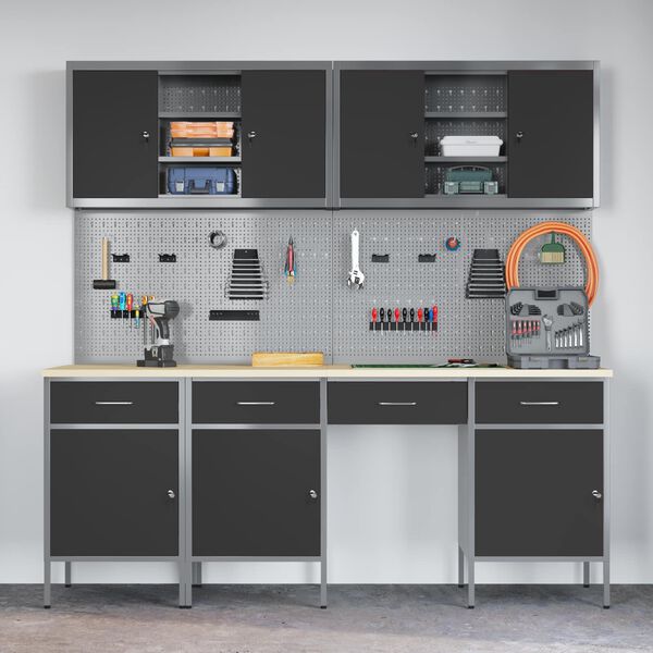 vidaXL Radni ormar s ladicama 10 pcs Crna Inženjerska drva i čelik