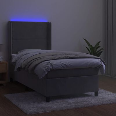 vidaXL Krevet box spring s madracem LED svjetlosivi 90x190 cm baršun
