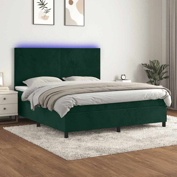 vidaXL Krevet box spring s madracem LED tamnozeleni 180x200 cm bar&scaron;un