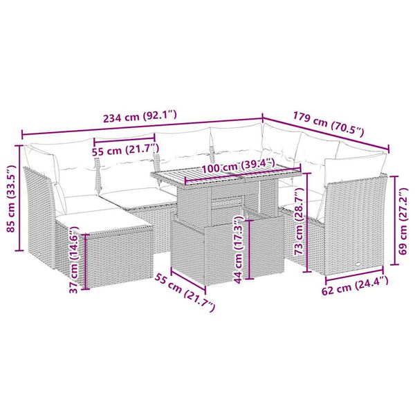 vidaXL 8-dijelni set vrtnih sofa od poliratana s jastucima bež